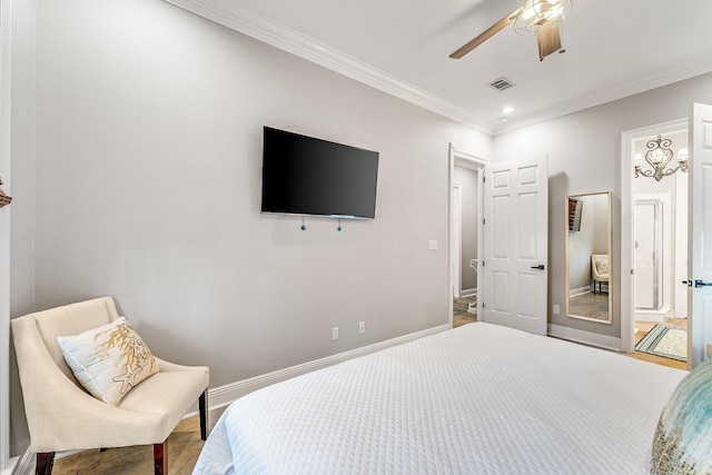 bedroom featuring ceiling fan and crown molding