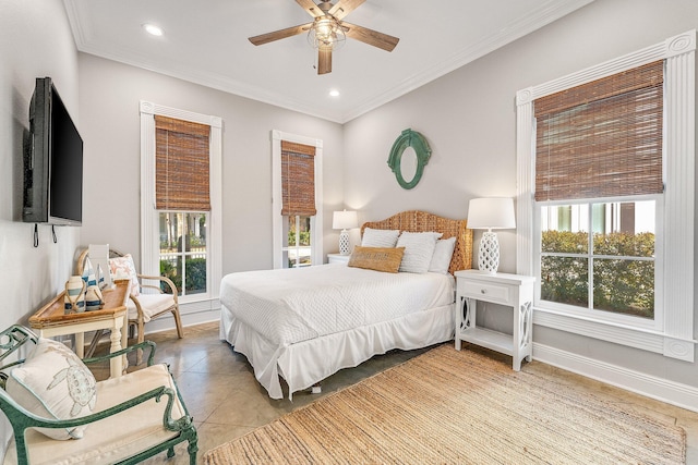 tiled bedroom featuring ceiling fan and crown molding