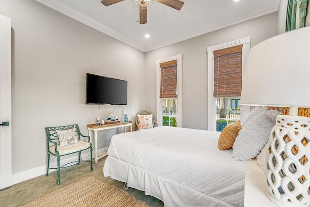 tiled bedroom featuring ceiling fan and ornamental molding