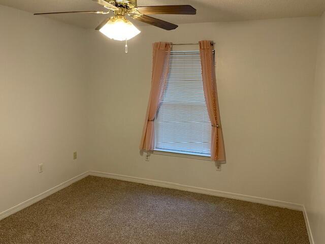 carpeted spare room with ceiling fan