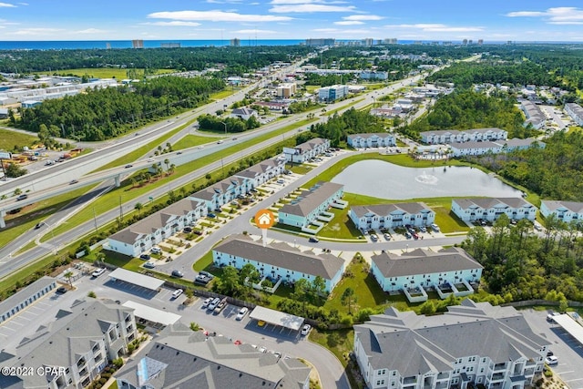 drone / aerial view featuring a water view