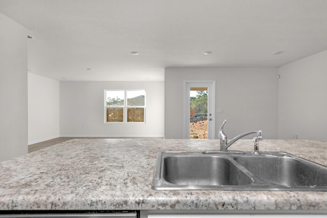 kitchen featuring hardwood / wood-style floors, light stone counters, and sink