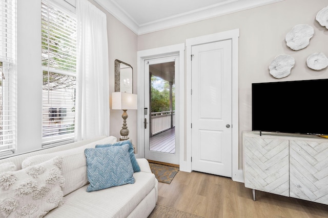 living room featuring a healthy amount of sunlight, light hardwood / wood-style floors, and ornamental molding