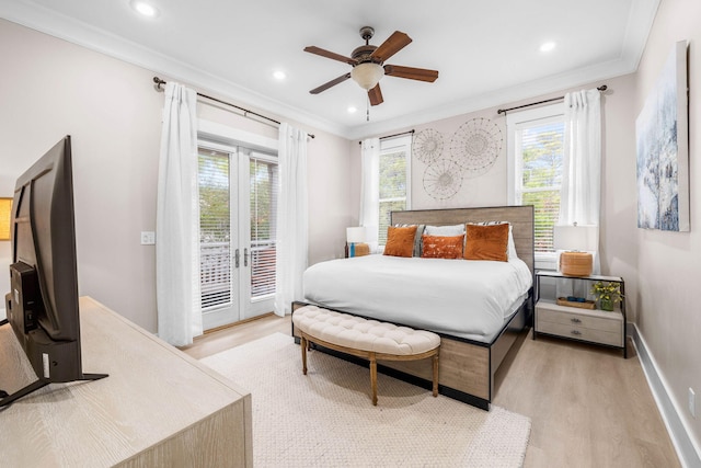 bedroom with ceiling fan, crown molding, access to outside, and light hardwood / wood-style flooring