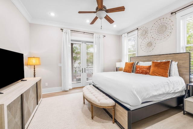 bedroom featuring access to exterior, french doors, ceiling fan, crown molding, and light hardwood / wood-style floors