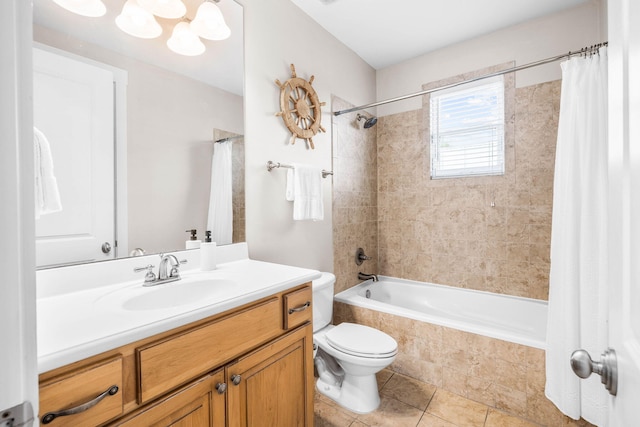 full bathroom featuring shower / bathtub combination with curtain, tile patterned flooring, vanity, and toilet