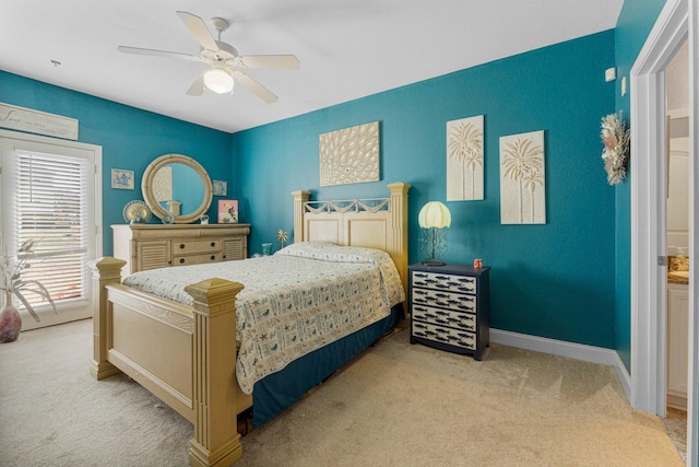 bedroom featuring light carpet and ceiling fan