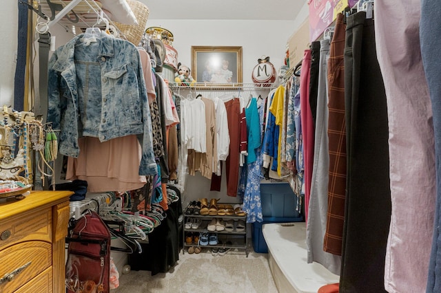 walk in closet featuring light carpet