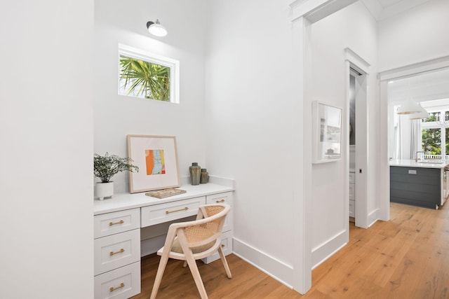 office with light hardwood / wood-style floors and built in desk