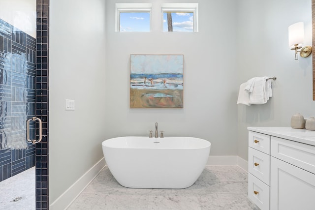 bathroom featuring shower with separate bathtub and vanity