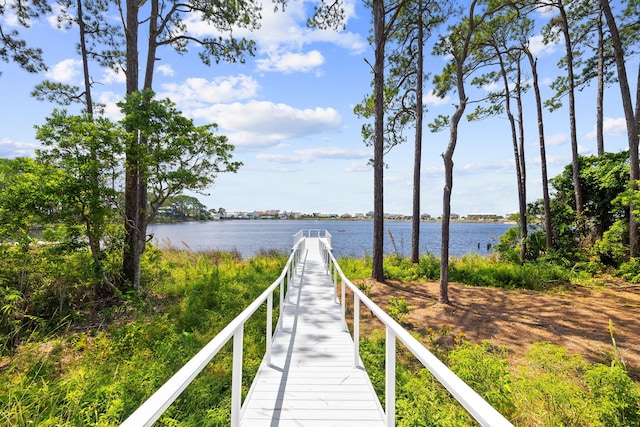 view of dock with a water view