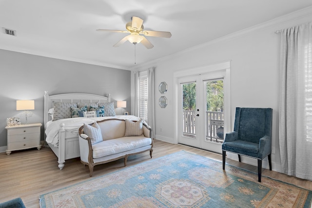 bedroom featuring access to outside, ceiling fan, french doors, and light wood-type flooring