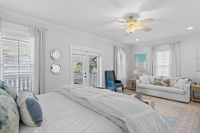 bedroom with access to outside, ceiling fan, crown molding, and hardwood / wood-style floors