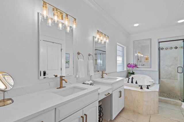 bathroom with shower with separate bathtub, vanity, tile patterned floors, and ornamental molding