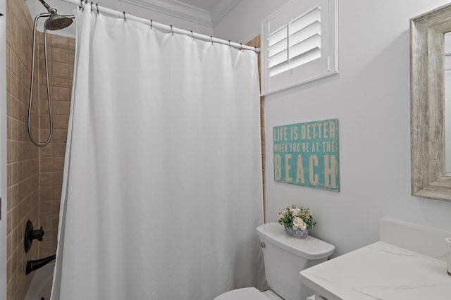 bathroom with curtained shower, toilet, and crown molding