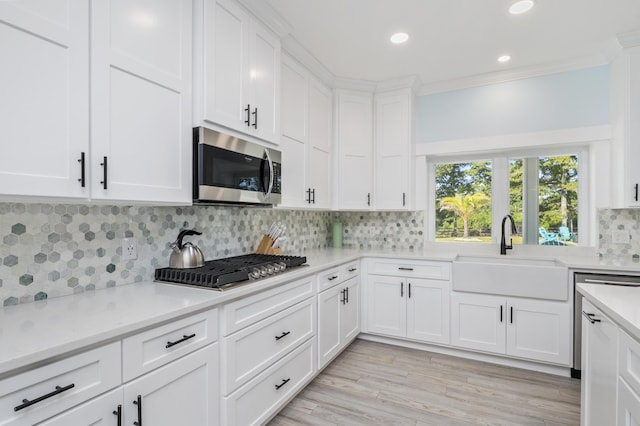 kitchen featuring crown molding, appliances with stainless steel finishes, sink, and white cabinets