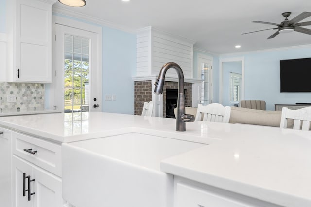 kitchen with crown molding, sink, and white cabinets