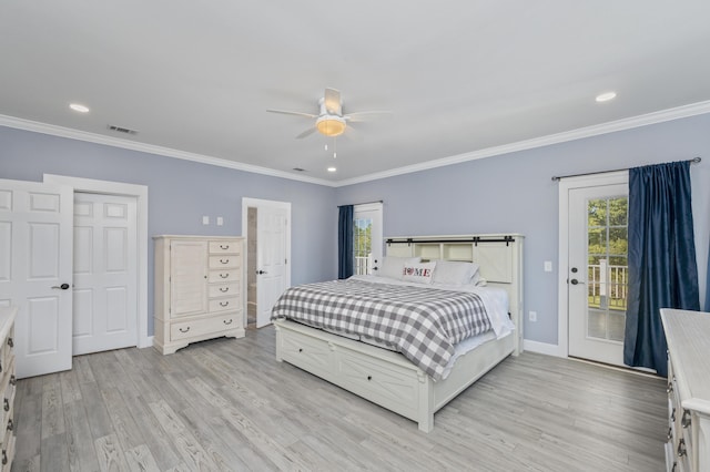 bedroom featuring multiple windows, access to exterior, crown molding, and light hardwood / wood-style flooring