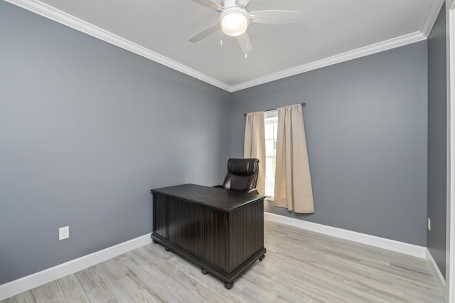 office space featuring crown molding, ceiling fan, and light hardwood / wood-style floors