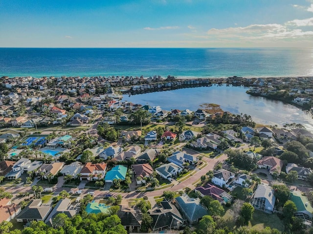 drone / aerial view with a water view