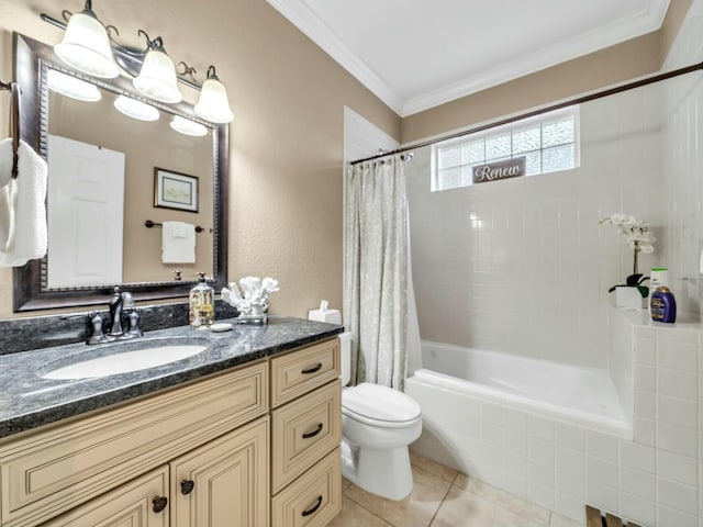 full bathroom with shower / bath combo, tile patterned floors, crown molding, toilet, and vanity