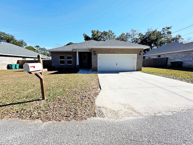 single story home with a garage and a front lawn