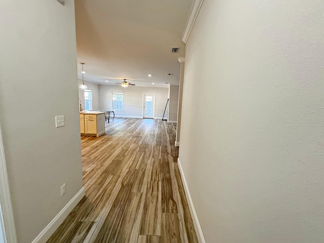 hall featuring light hardwood / wood-style flooring and crown molding