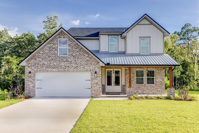 view of front facade featuring french doors, a front lawn, a porch, and a garage