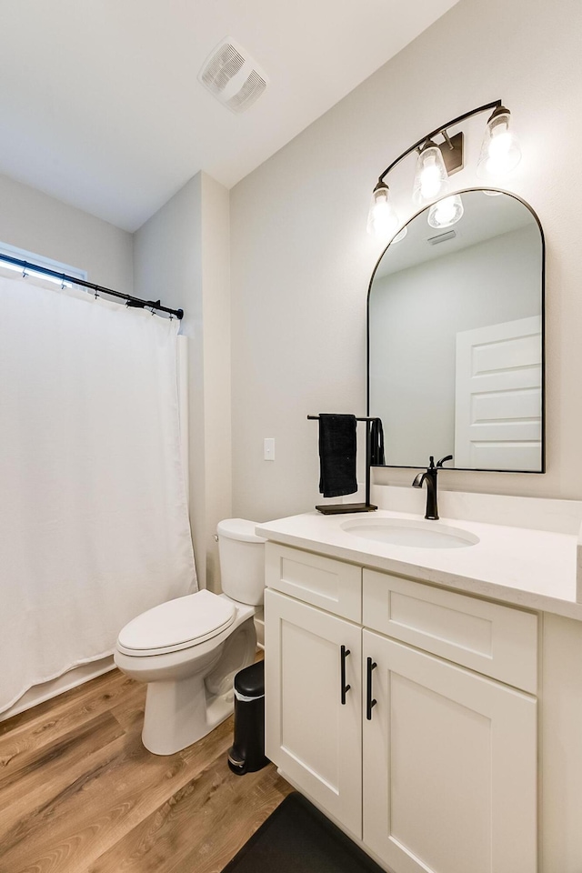 bathroom with wood-type flooring, vanity, and toilet