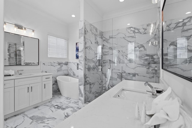 bathroom featuring plus walk in shower, vanity, tile walls, and ornamental molding