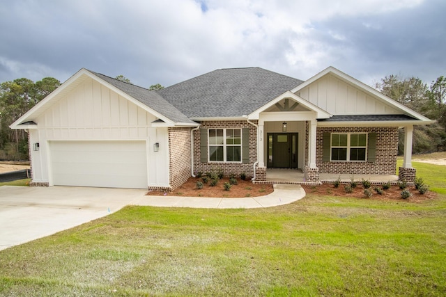 craftsman house with roof with shingles, a front lawn, board and batten siding, and brick siding