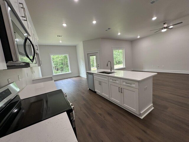 kitchen featuring stainless steel appliances, open floor plan, dark wood-type flooring, and a sink