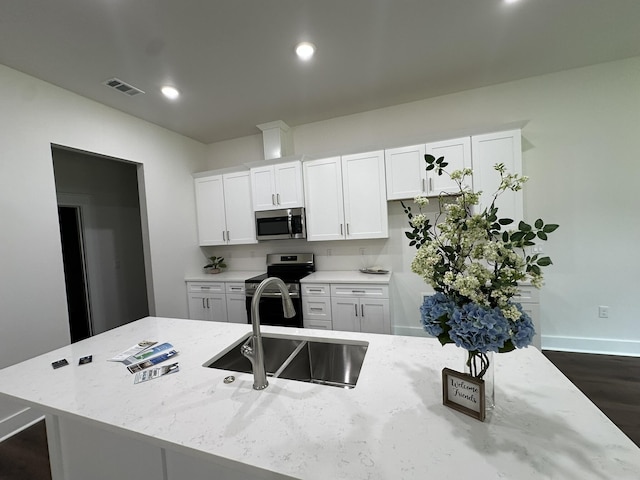 337 Shoal River Dr, Crestview, FL 32539 - kitchen with stainless steel appliances, light stone counters, white cabinetry, dark wood-style floors, and recessed lighting