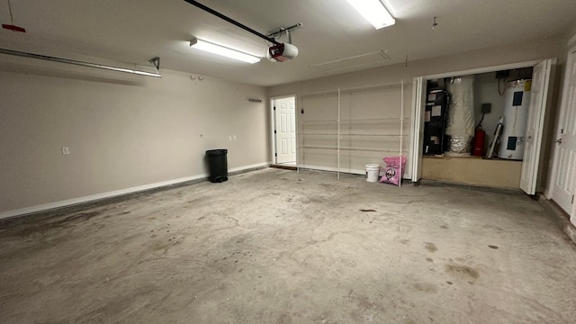 garage with water heater, a garage door opener, and heating unit