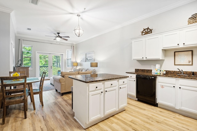 kitchen featuring dishwasher, french doors, white cabinets, ceiling fan, and light hardwood / wood-style floors