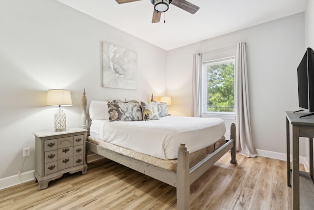 bedroom featuring ceiling fan and light wood-type flooring