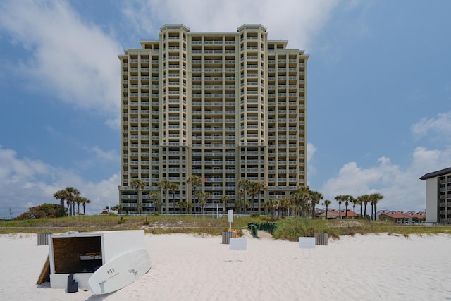 view of building exterior with a water view