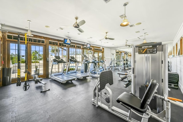 workout area with ceiling fan