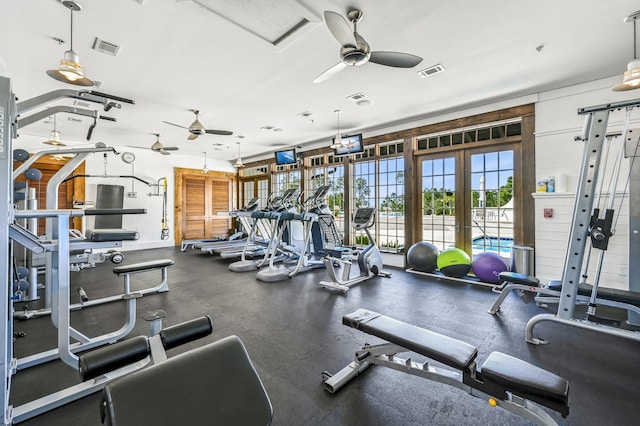 gym with french doors and ceiling fan