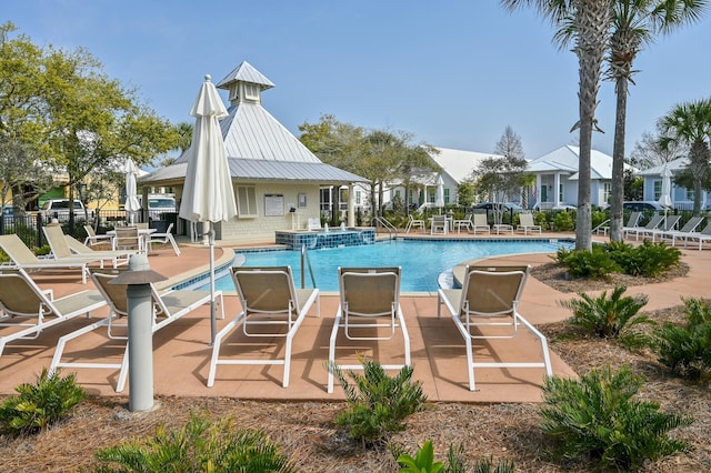 view of pool with a patio and a hot tub