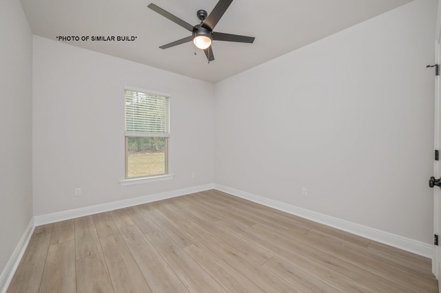 unfurnished room with light wood-type flooring, a ceiling fan, and baseboards