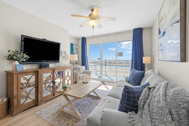 living room with ceiling fan and hardwood / wood-style floors