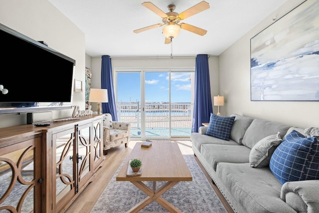 1111 Santa Rosa Blvd Unit 106, Fort Walton Beach, FL 32548 - living room featuring light wood-type flooring, a water view, and ceiling fan