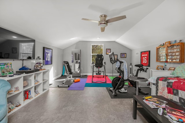 workout room featuring ceiling fan and lofted ceiling