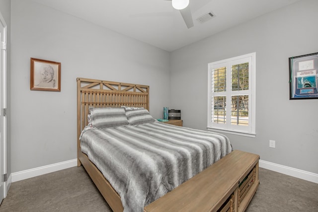 carpeted bedroom featuring ceiling fan