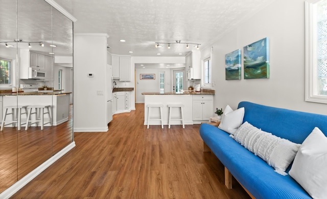 living room featuring hardwood / wood-style floors, crown molding, and a textured ceiling