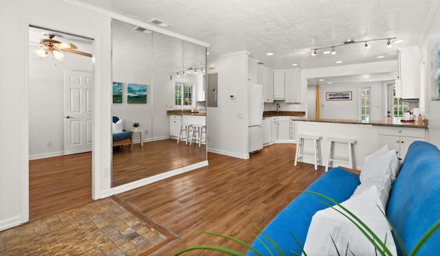 unfurnished living room featuring a textured ceiling, dark hardwood / wood-style floors, ceiling fan, and ornamental molding