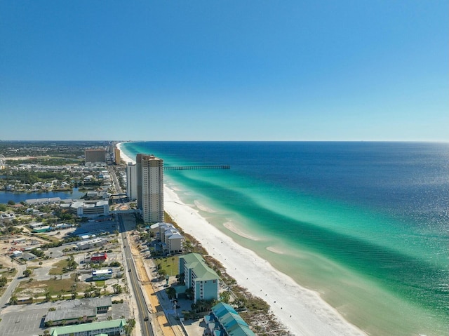 bird's eye view with a view of the beach and a water view