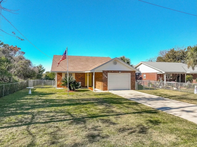 single story home featuring a garage and a front yard