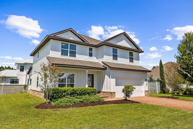 258 Tropical Breeze Dr, Santa Rosa Beach, FL 32459 - view of front of property with a shingled roof, an attached garage, driveway, brick siding, and board and batten siding